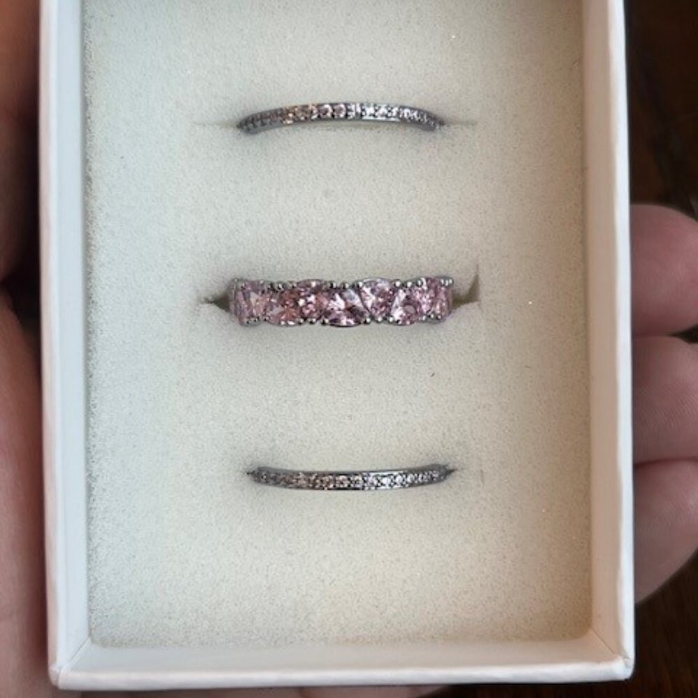 Elegant Silver & Pink Stone Ring Set